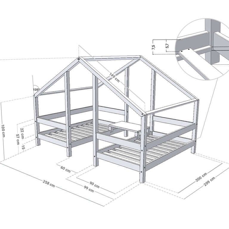 Hausbett TWIN für Zwillinge, versch. Maße & Farben