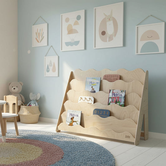 Bücherregal "WAVE" aus Holz, versch. Größen mit bunten Kinderbüchern in sanften Wellenlinien.