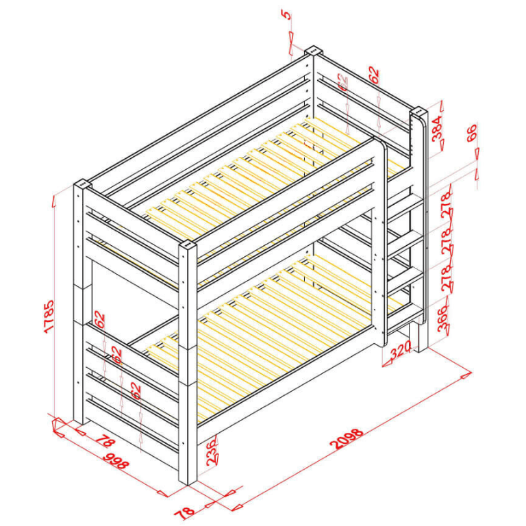 Holz Etagenbett THEA, versch. Farben & Zubehör - technische Zeichnung und Abmessungen des Bettes.