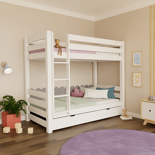 Holz Etagenbett THEA, versch. Farben & Zubehör im Kinderzimmer mit Spielzeug und Pflanzen.