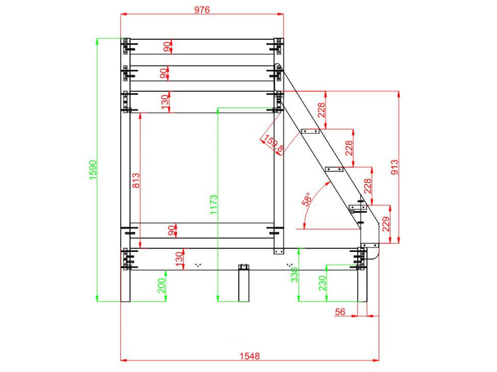 Holz Etagenbett HANNES für 3 Personen, versch. Farben - technische Zeichnung mit Maßangaben