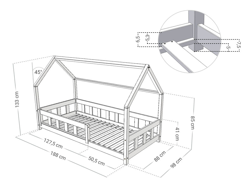 Hausbett ANNI für Kinder mit Rausfallschutz, versch. Maße & Farben