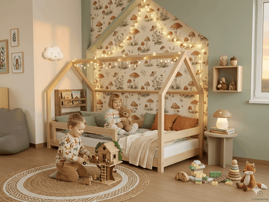 Kinder spielen am Hausbett FENNA mit Rausfallschutz