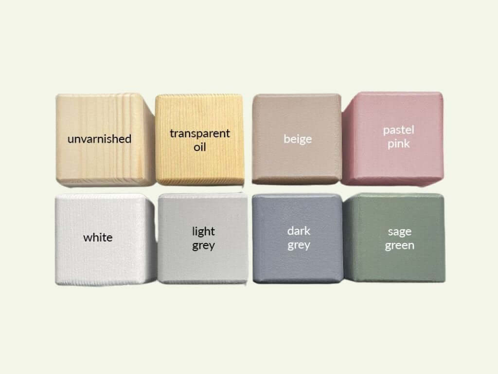 Farbauswahl für Holzblöcke: unvernietet, transparent oil, beige, pastel pink, weiß, light grey, dark grey, sage green.