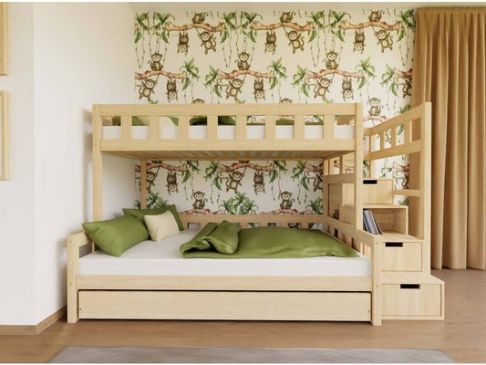 Holz Etagenbett ELA mit Regalstufen für 3 Personen, versch. Farben & Zubehör