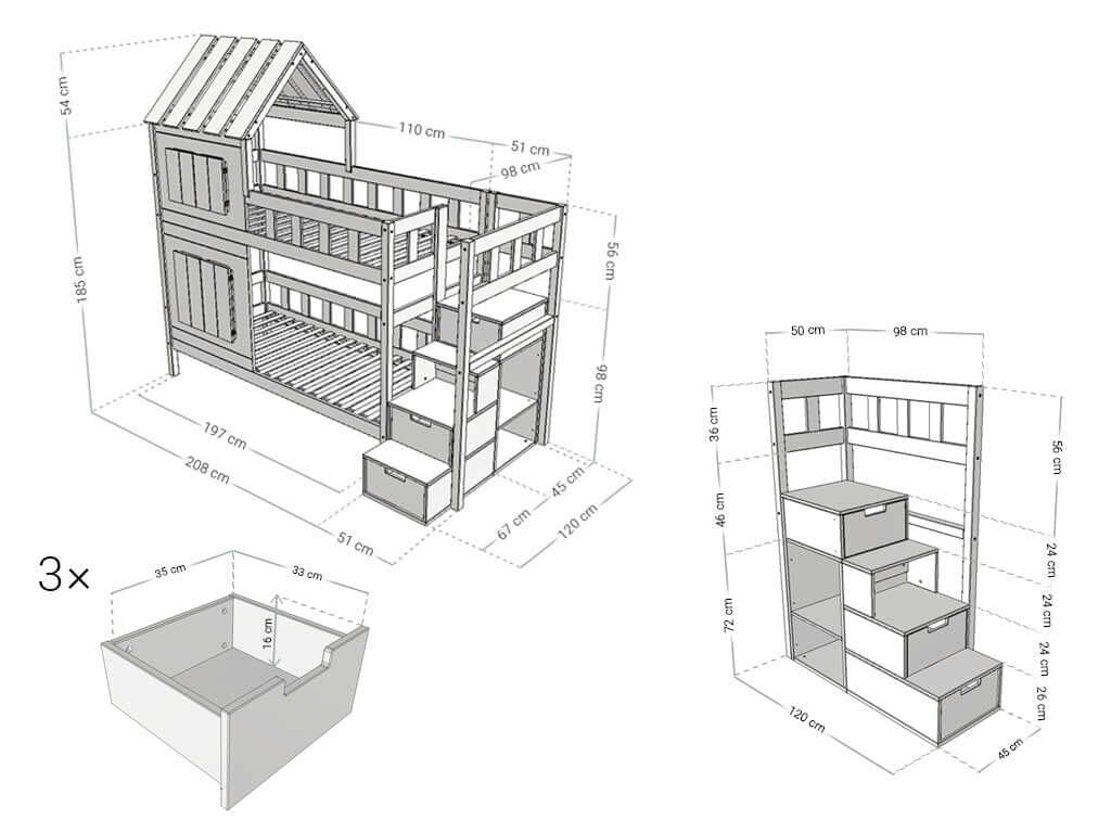 Detailansicht Holz Etagenbett HOLIDAY mit kurzem Dach 90x200 cm, versch. Farben, Maßzeichnungen und Aufbau.