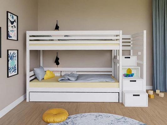 Holz Etagenbett Loni mit Regalstufen, versch. Farben & Zubehör