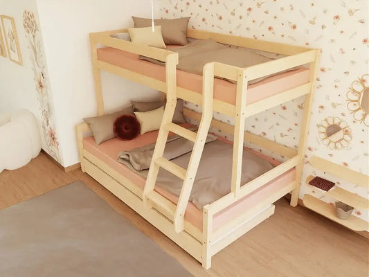 Holz Etagenbett NIKA mit Leiter vorne für 3 Personen, versch. Farben & Zubehör