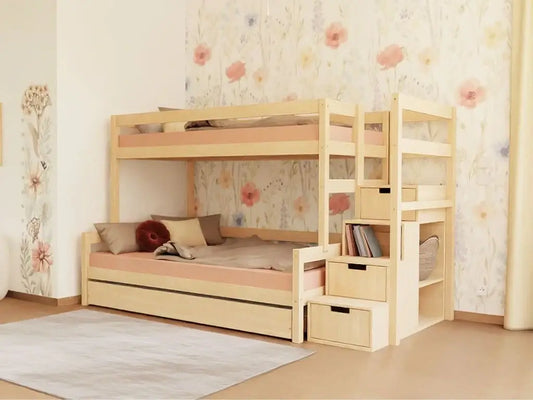 Holz Etagenbett NIKA mit Regalstufen für 3 Personen, versch. Farben & Zubehör