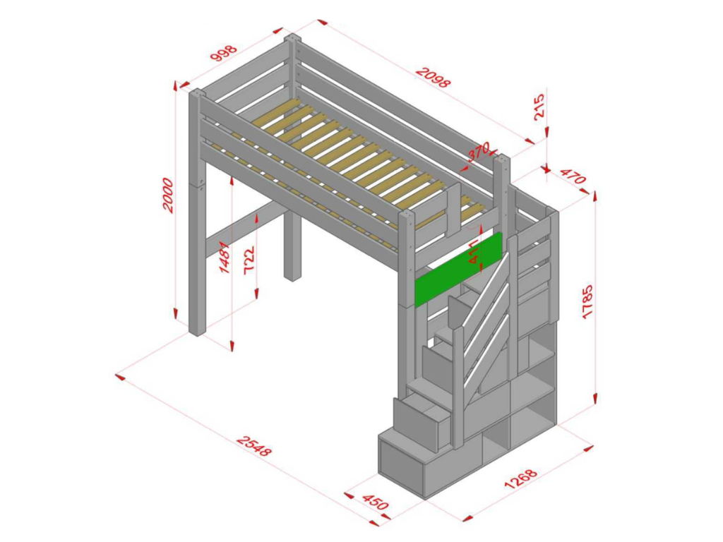 Holz Haus Hochbett mit Stufenregal 90x200 cm