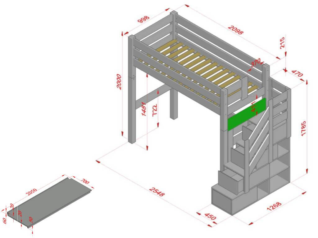 Holz Haus Hochbett mit Stufenregal und Schreibtisch 90x200 cm