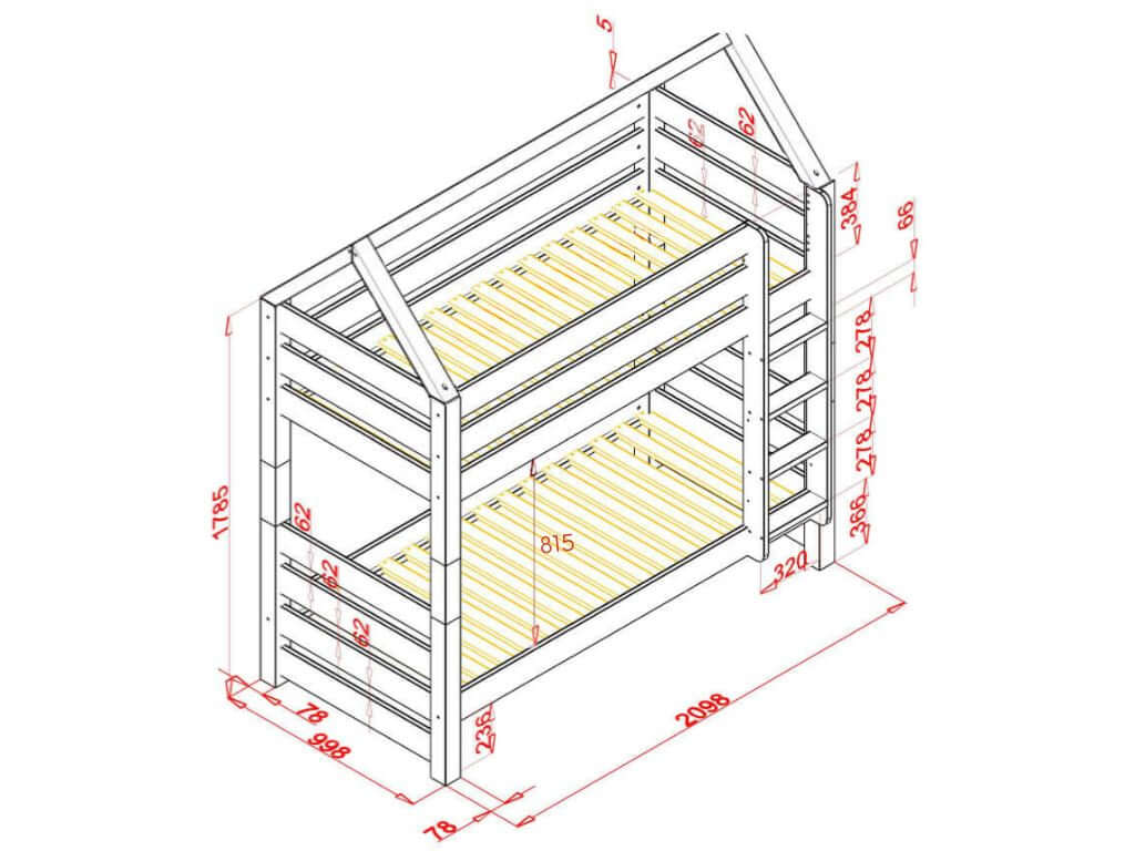 Holz Haus Etagenbett THEA mit Leiter, 90 x 200 cm