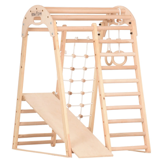 Indoor Spielplatz natur aus Holz - Kletternetz, schwedische Leiter, Ringe, Rutsche