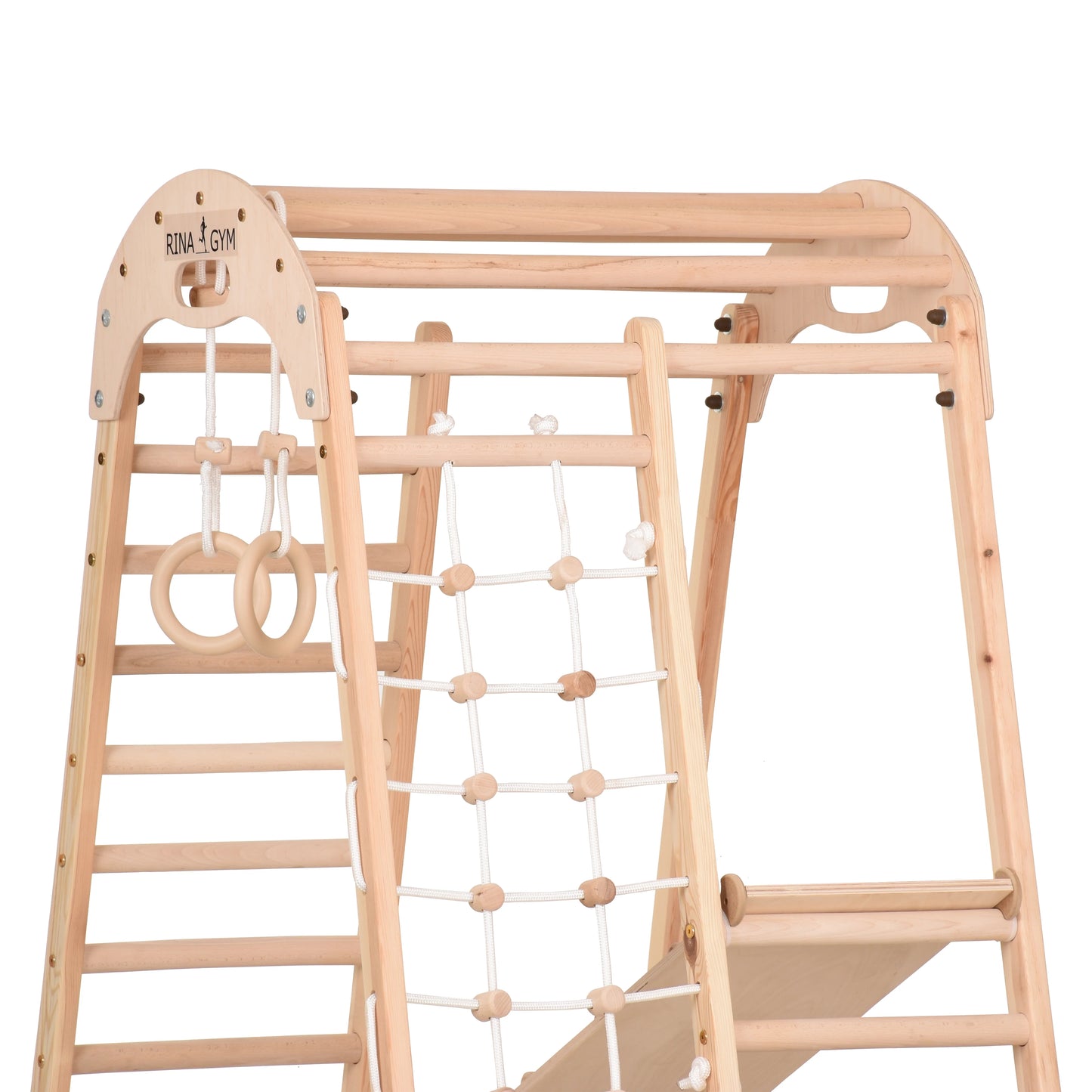 Indoor Spielplatz natur aus Holz - Kletternetz, schwedische Leiter, Ringe, Rutsche