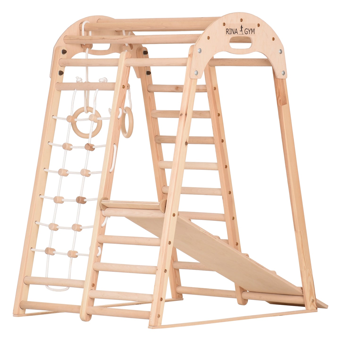 Indoor Spielplatz natur aus Holz - Kletternetz, schwedische Leiter, Ringe, Rutsche