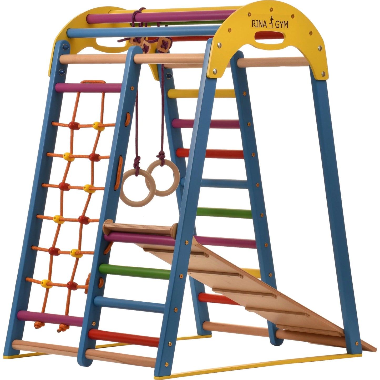Indoor blue playground made of wood with climbing net, swedish ladder, rings, slide