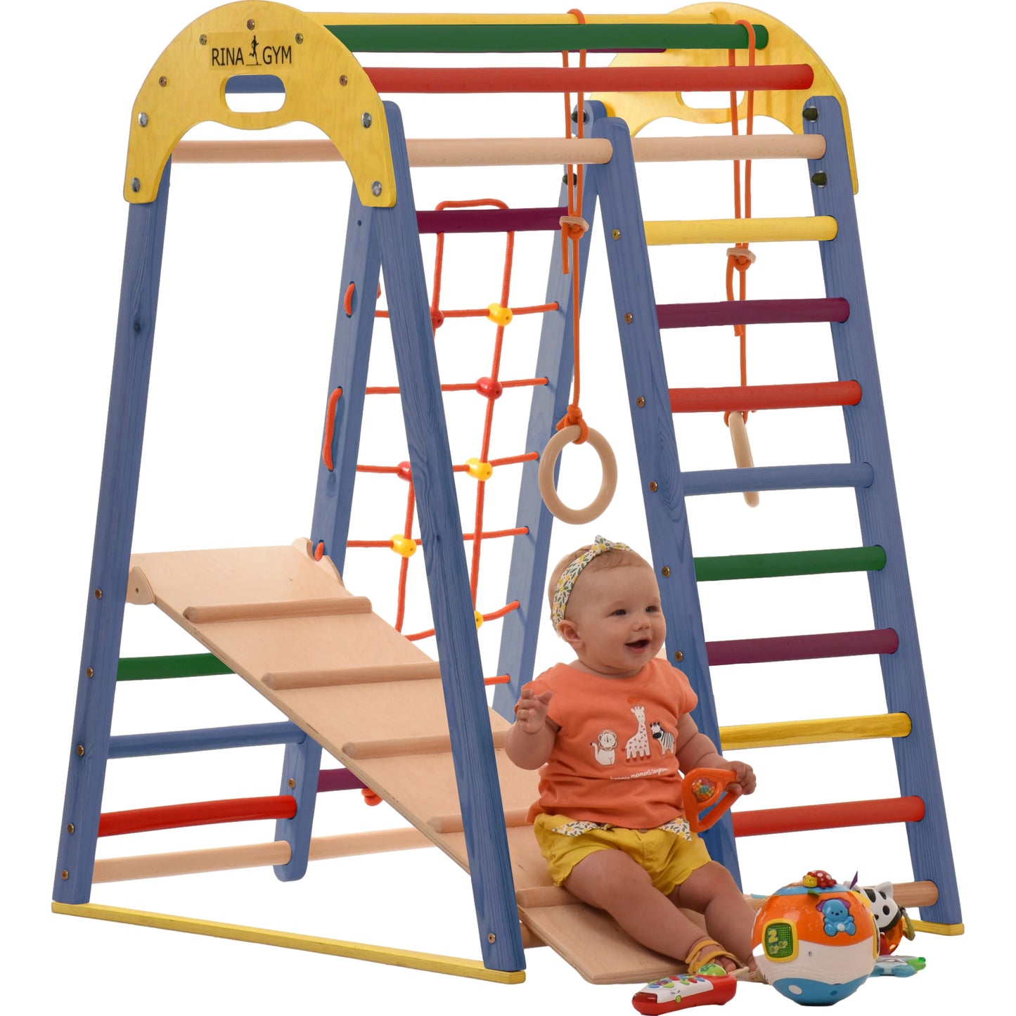 Indoor blue playground made of wood with climbing net, swedish ladder, rings, slide