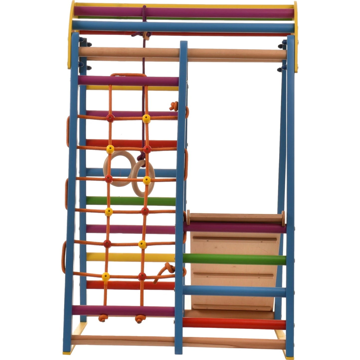 Indoor blue playground made of wood with climbing net, swedish ladder, rings, slide