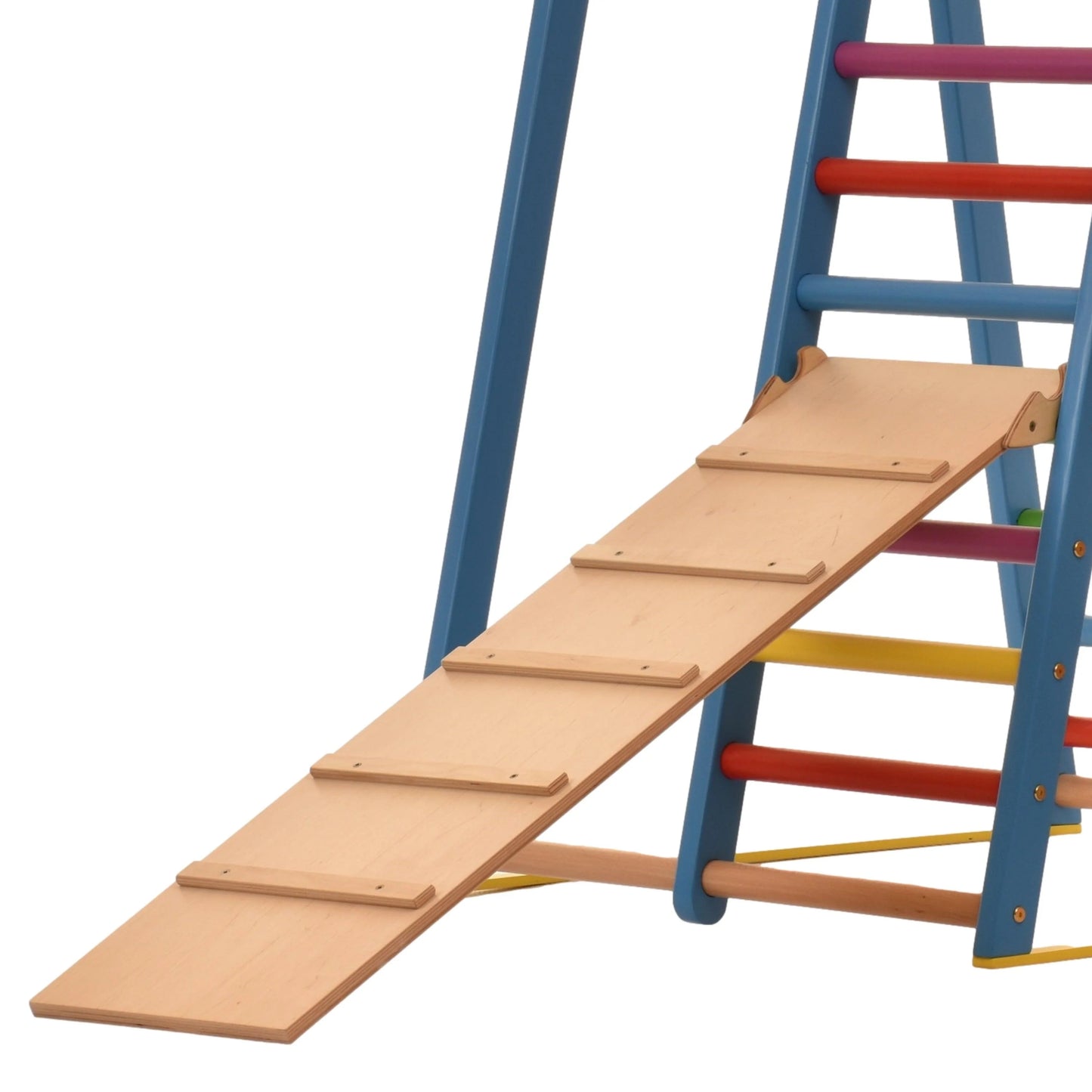 Indoor blue playground made of wood with climbing net, swedish ladder, rings, slide