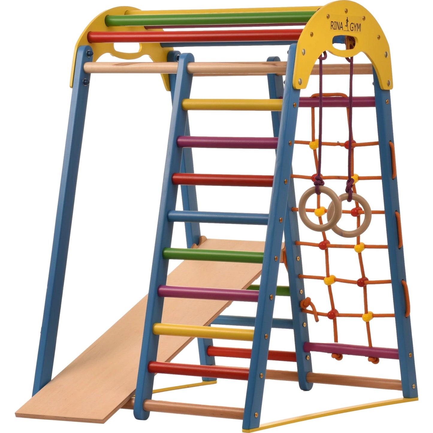 Indoor blue playground made of wood with climbing net, swedish ladder, rings, slide