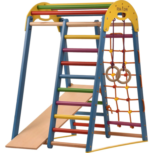 Indoor Spielplatz blau aus Holz mit Kletternetz, schwedische Leiter, Ringe, Rutsche