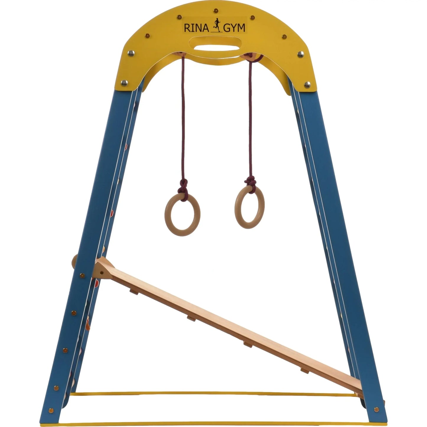 Indoor Spielplatz blau aus Holz mit Kletternetz, schwedische Leiter, Ringe, Rutsche