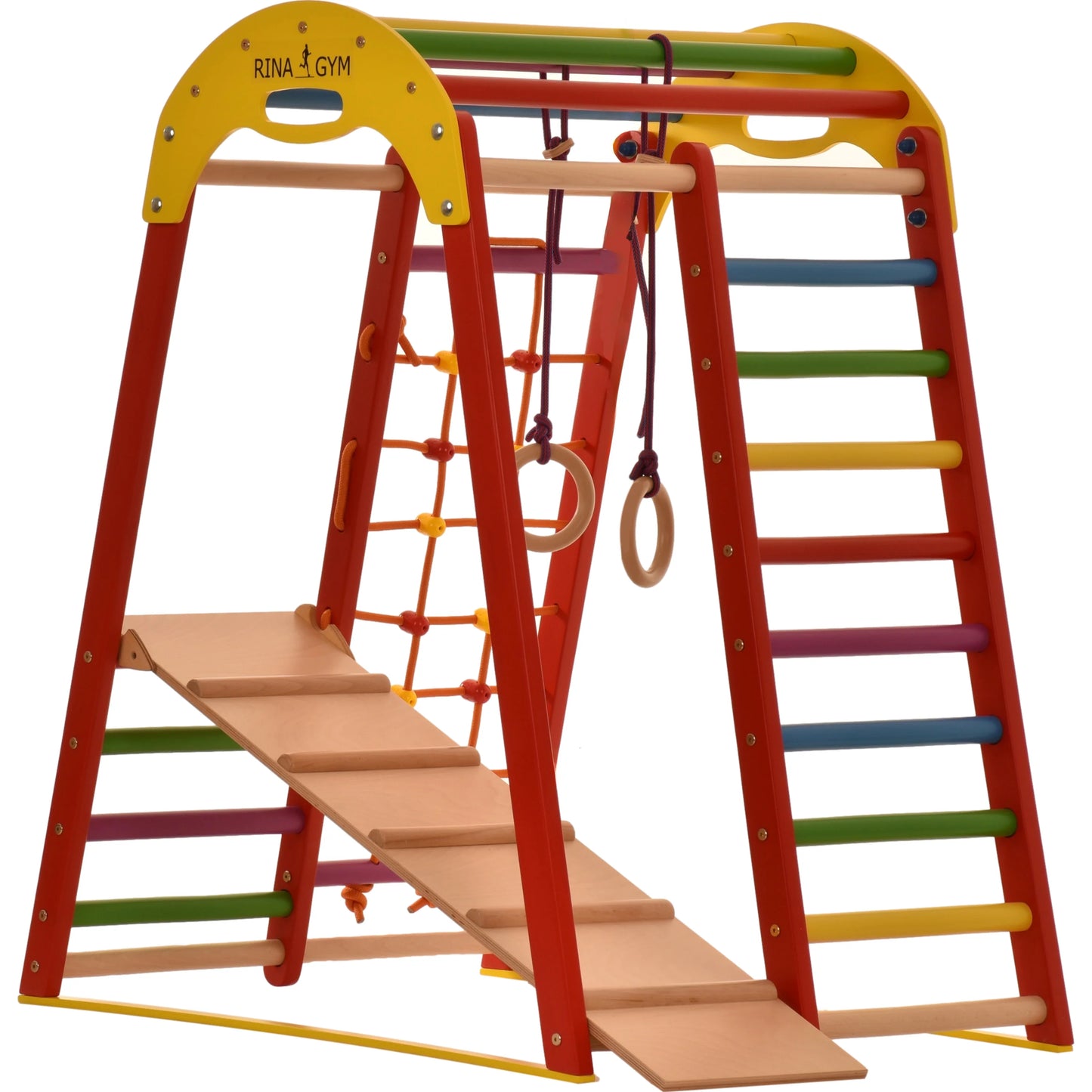 Indoor playground red made of wood - climbing net, swedish ladder, rings, slide