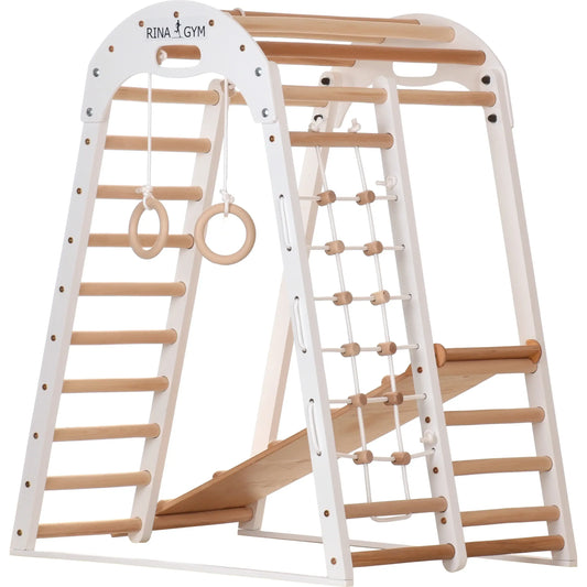 Indoor Spielplatz weiß aus Holz - Kletternetz, schwedische Leiter, Ringe, Rutsche