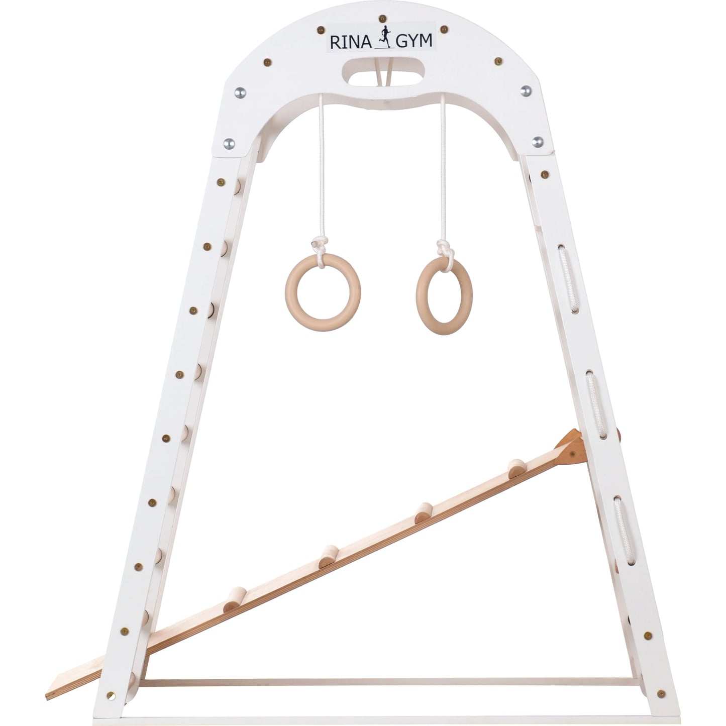 Indoor playground white made of wood - climbing net, swedish ladder, rings, slide