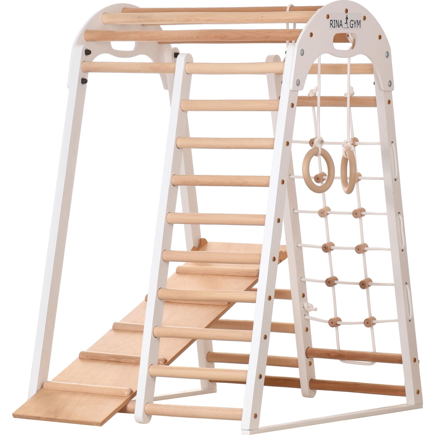 Indoor playground white made of wood - climbing net, swedish ladder, rings, slide