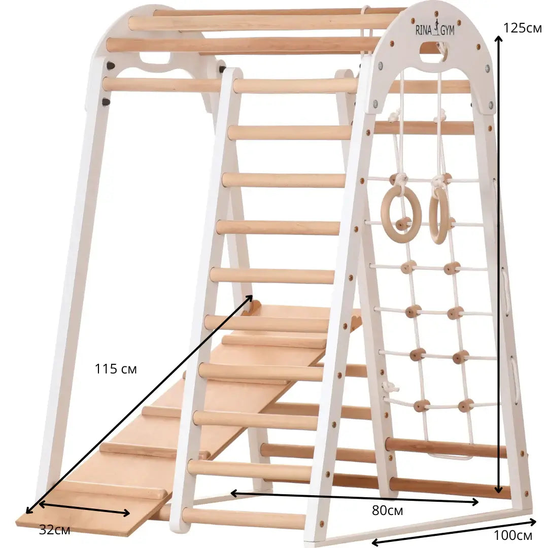 Indoor Spielplatz weiß aus Holz - Kletternetz, schwedische Leiter, Ringe, Rutsche