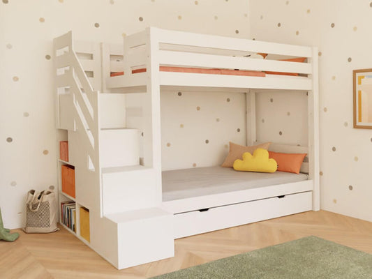 Holz Etagenbett Thea mit Stufenregal für Kinderzimmer, platzsparende Schlaflösung aus Kiefernholz.