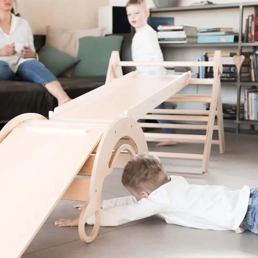 XXL Set Pikler Dreieck, 2x Rutschbrett, Schwingbogen - unbehandeltes Holz