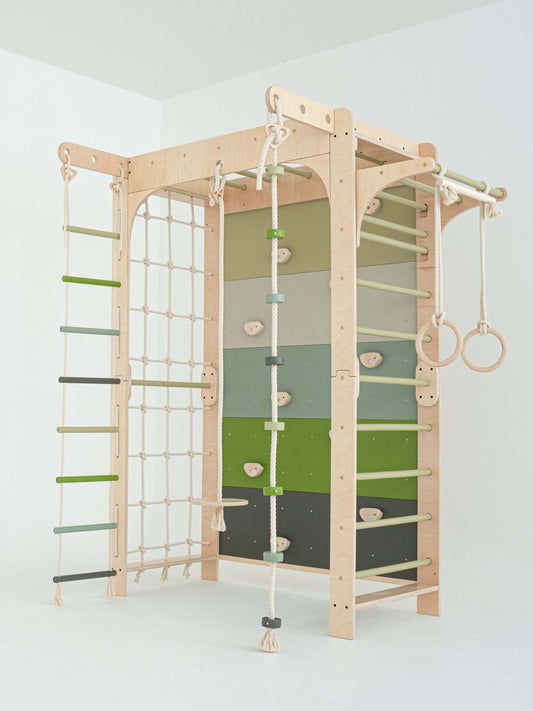 Kletterwand Klimby "Kletterkönig" - der perfekte Indoor Spielplatz für Kinder mit Sprossenwand und Boulderwand.