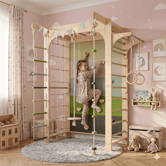 Kletterwand Klimby Kletterkönig in Grün mit Sprossenwand und Boulderwand