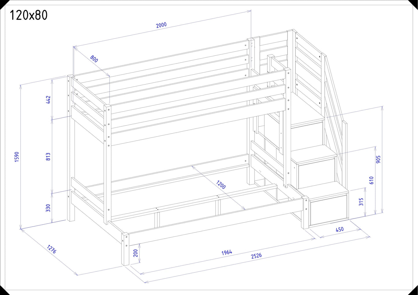 Holz Etagenbett HANNES für 3 Personen mit Stufenregal, 80x200 cm & 120x200 cm, versch. Farben