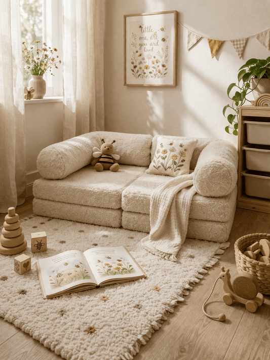 Kindersofa Teddy Cream – kuscheliger Teddyplüsch-Bezug in Creme