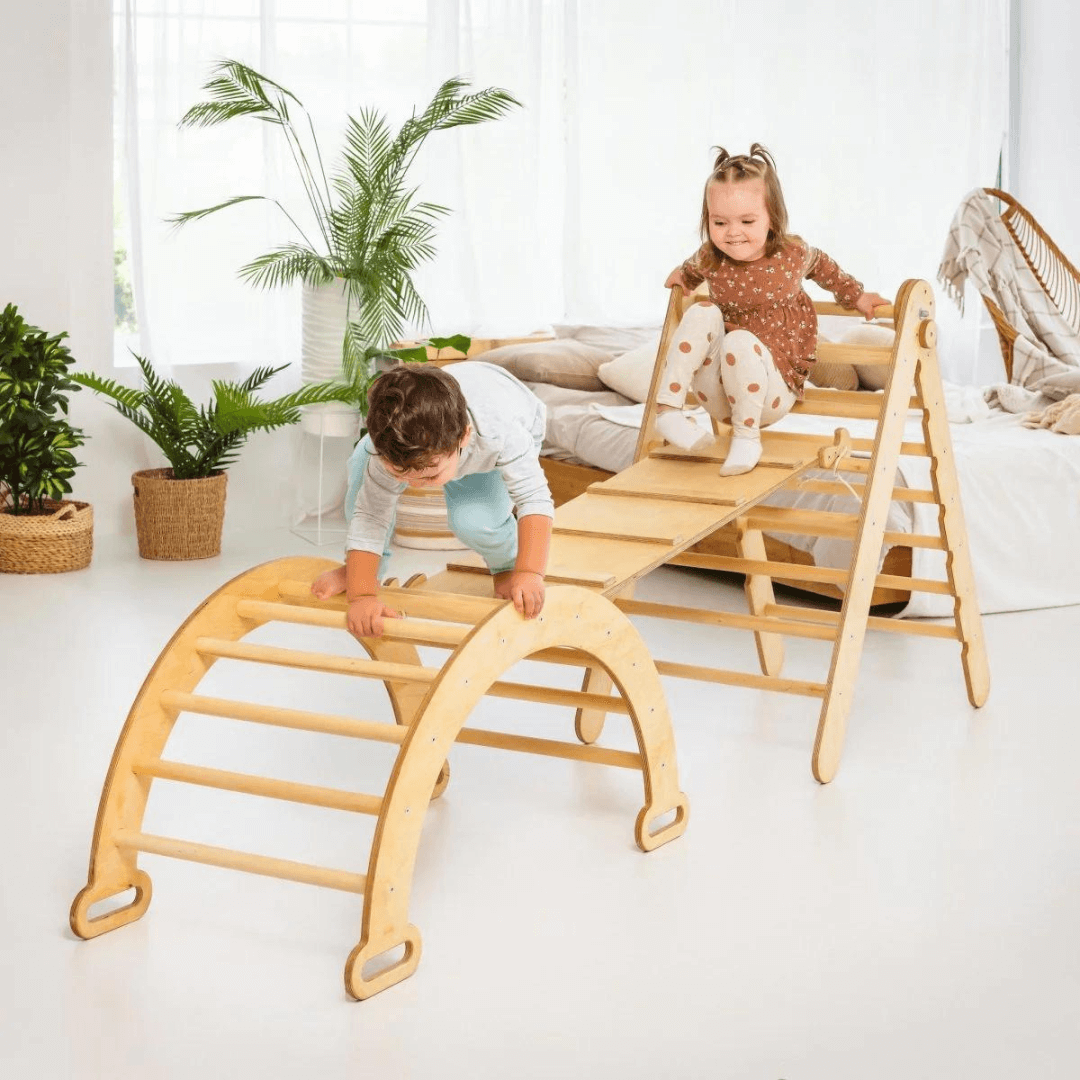 3in1 Montessori Kletter-Set: Kletterdreieck + Holzbogen + Rutschbrett, Beige