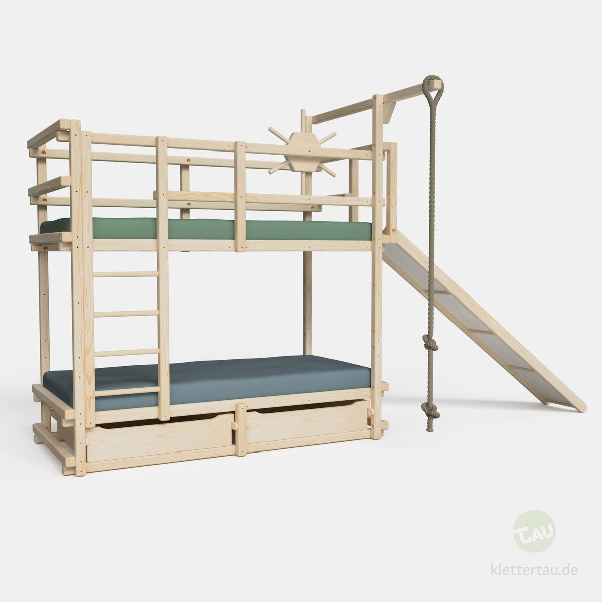 Abenteuer-Etagenbett mit Kletterseil und Rutsche