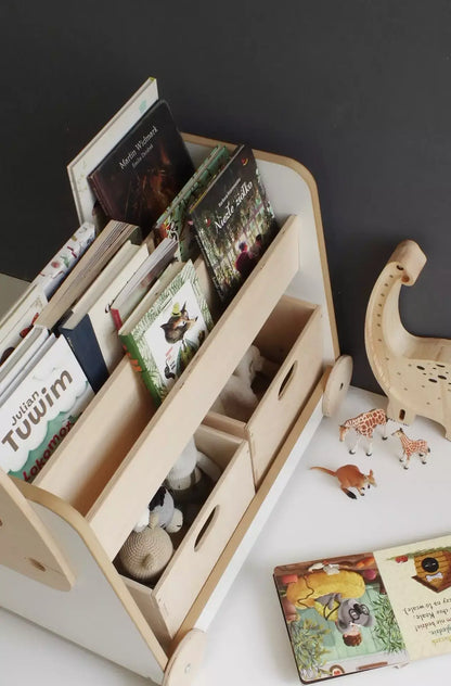 wooden bookcase on wheels