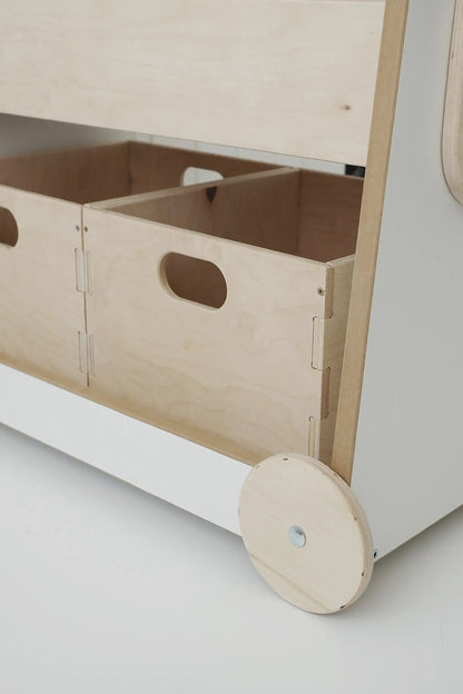 wooden bookcase on wheels