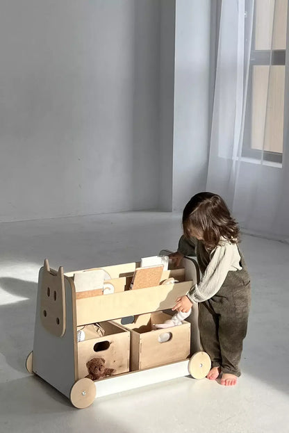 wooden bookcase on wheels