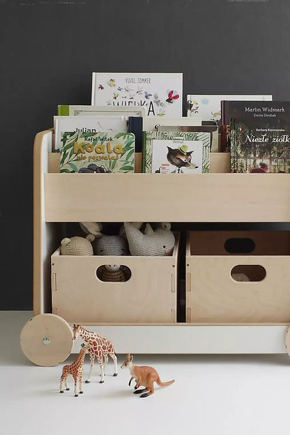 wooden bookcase on wheels