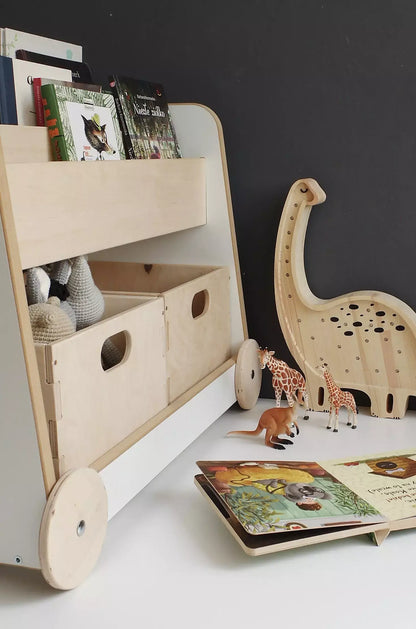 wooden bookcase on wheels