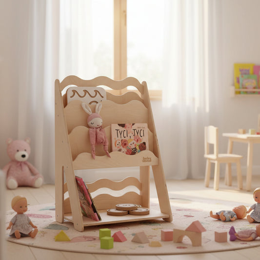 Bücher- und Spielzeugregal "WAVE" aus Holz, versch. Größen mit bunten Büchern und einem Stofftier.