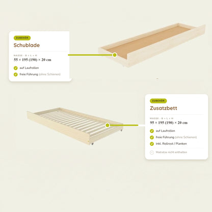Holz Etagenbett ELA mit Leiter vorne für 3 Personen, versch. Farben & Zubehör