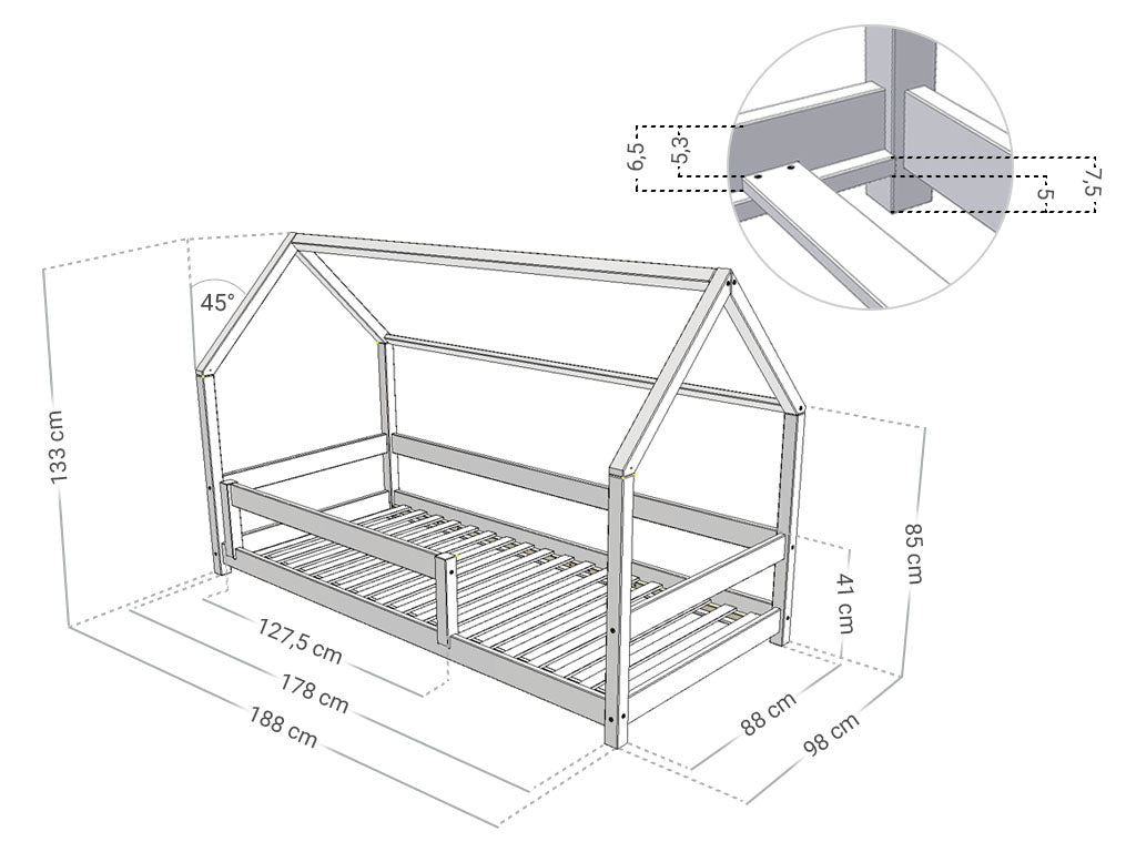 Hausbett FENNA für Kinder mit Rausfallschutz, versch. Maße & Farben