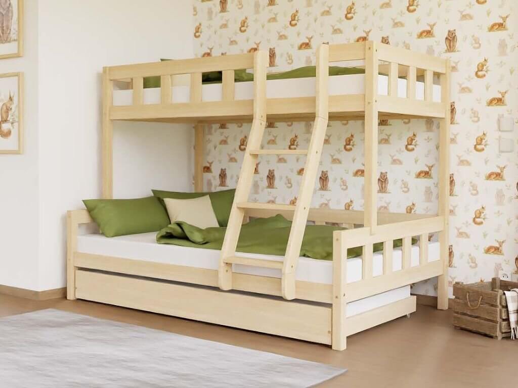 Holz Etagenbett ELA mit Leiter vorne für 3 Personen, versch. Farben & Zubehör