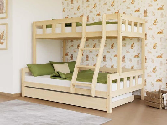 Holz Etagenbett ELA mit Leiter vorne für 3 Personen, versch. Farben & Zubehör