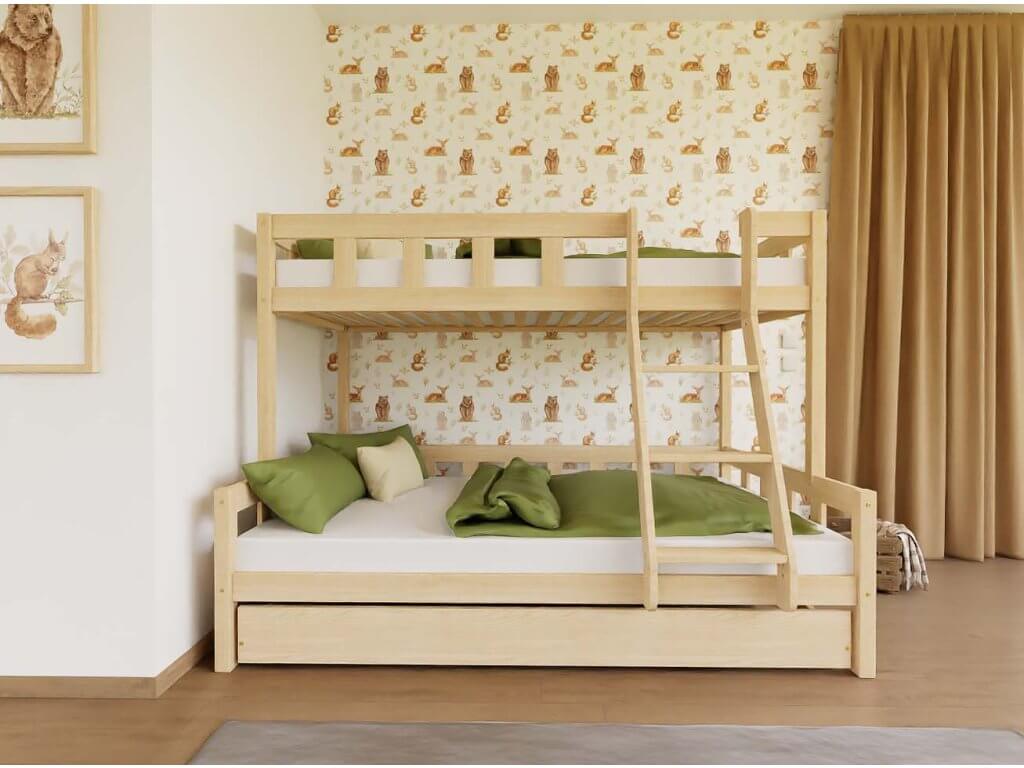 Holz Etagenbett ELA mit Leiter vorne für 3 Personen, versch. Farben & Zubehör